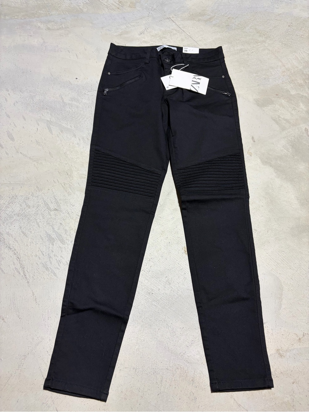 Zara NWT Black Ribbed Knee Moto mid rise Skinny Jeans 6